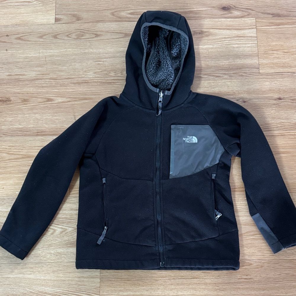 The North Face Kids Black Hooded Fleece Jacket Size Small Black Gray Winter Warm